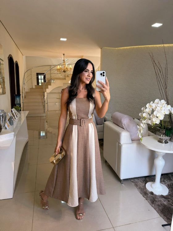 Vestido Caetana Nude com Branco