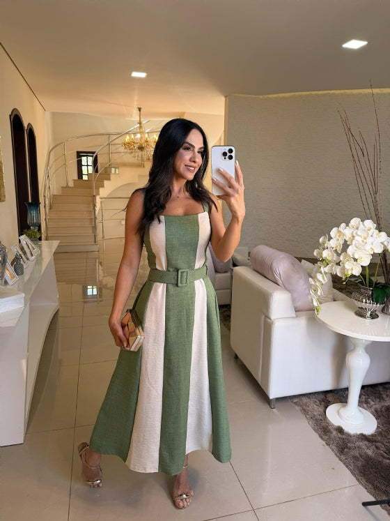Vestido Caetana Off e Verde